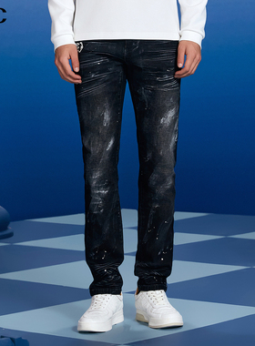 VJC/威杰思2025秋季新款男装潮流泼墨牛仔九分裤复古通勤棉感水洗