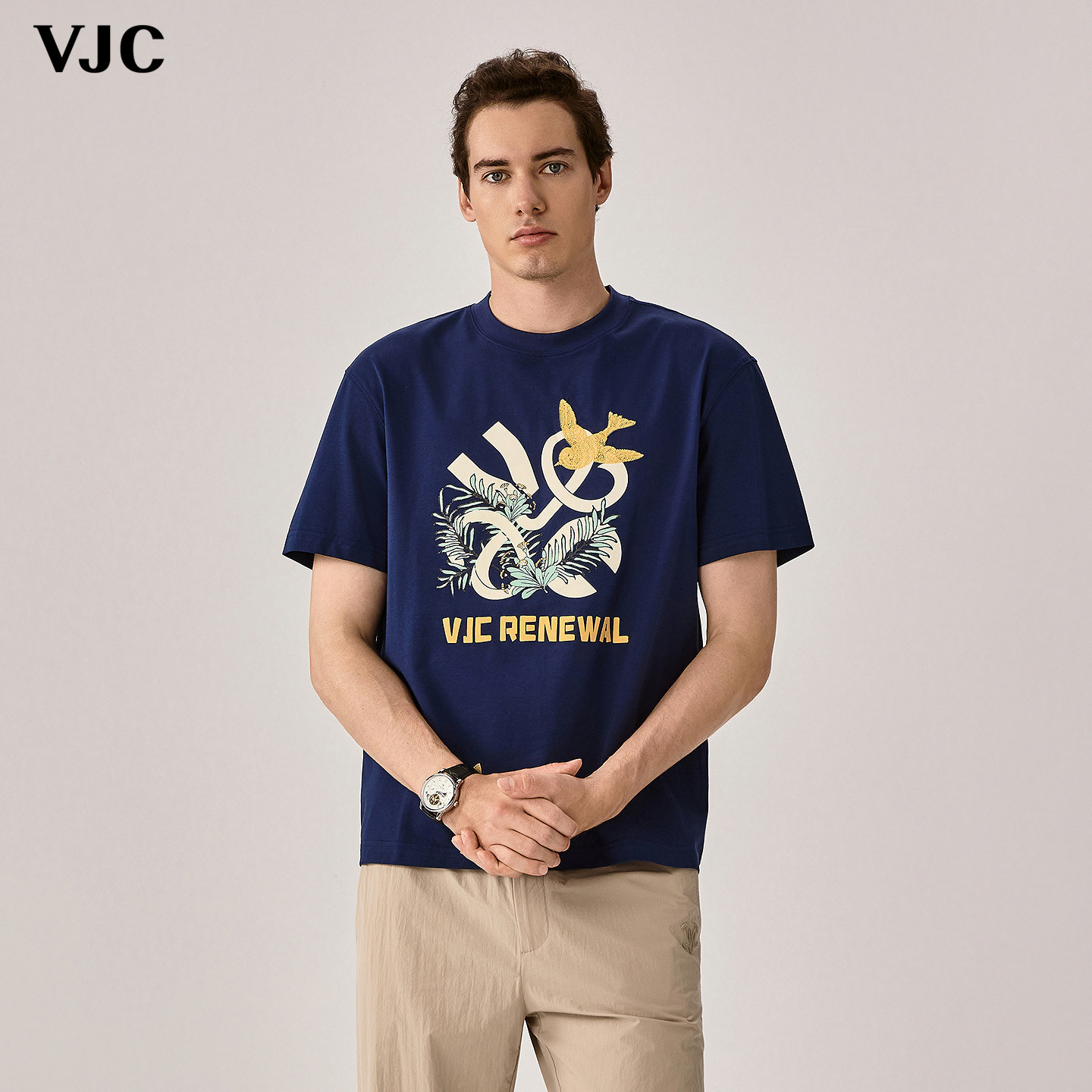 【26新品】VJC/威杰思春夏新款男装棉感T恤印花刺绣花鸟印花短袖