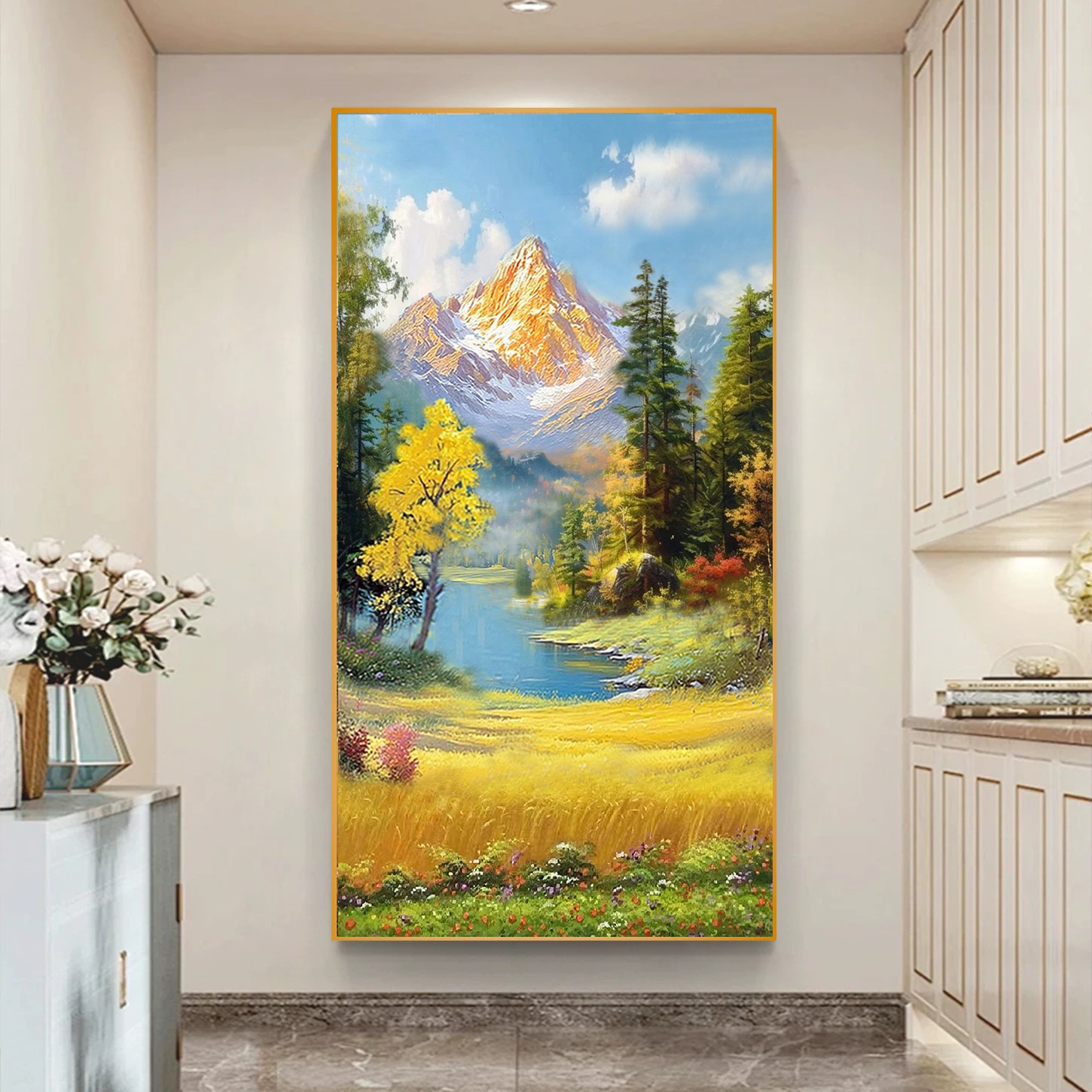 玄关手绘油画山水美式客厅风景现代装饰画竖版走廊壁画定制大芬村图片