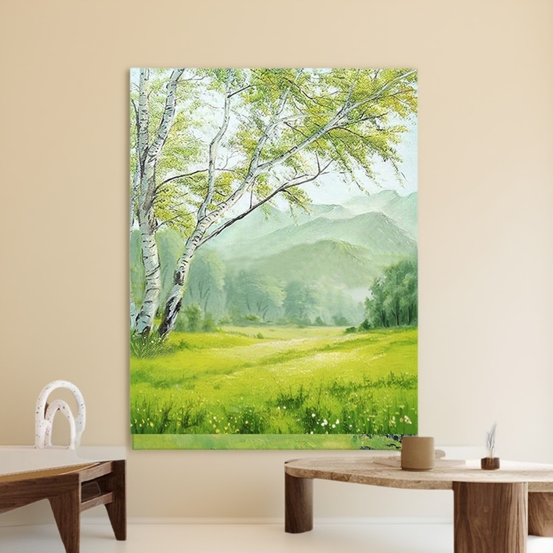 奶油风白桦树风景装饰画手绘油画