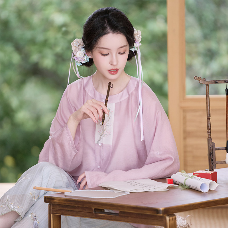 一纸花笺 清水溪汉初夏季明制汉服女圆领对襟弓袋袖短衫日常通勤图片