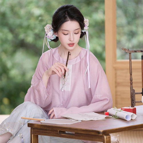 一纸花笺 清水溪汉初夏季明制汉服女圆领对襟弓袋袖短衫日常通勤