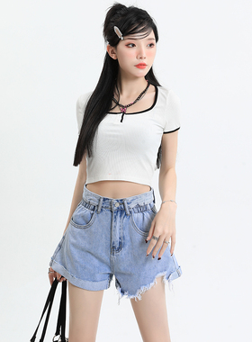 浅色高腰卷边牛仔短裤女夏季新款2025设计感宽松显瘦阔腿a字热裤