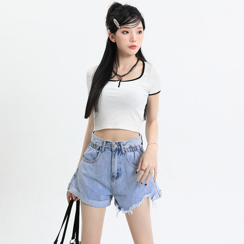 浅色高腰卷边牛仔短裤女夏季新款2025设计感宽松显瘦阔腿a字热裤