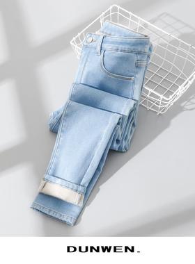 秋冬新品加绒加厚牛仔小脚裤女浅蓝色高腰弹力修身保暖九分铅笔裤