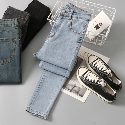 浅色牛仔小脚裤女2023春秋新款高腰弹力修身提臀显瘦九分铅笔裤子