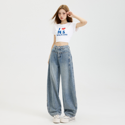 高腰复古窄版牛仔阔腿裤女春夏新品2025宽松显瘦垂感香蕉弯刀裤子
