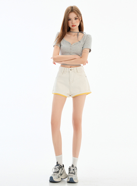 米白色高腰卷边牛仔阔腿裤女夏季2025新品宽松显瘦a字热裤潮外穿