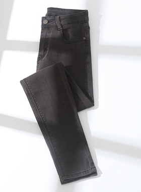 烟灰色小个子牛仔小脚裤女秋冬新款高腰弹力紧身显瘦八九分铅笔裤