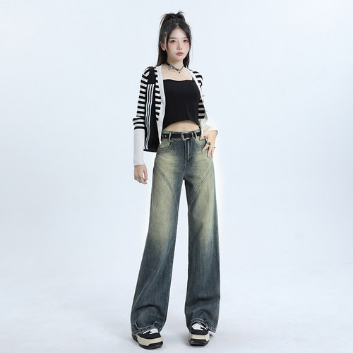 美式复古水洗高街牛仔阔腿裤女2024秋新款修身显瘦显高直筒拖地裤