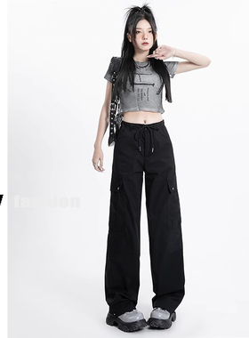 美式复古黑色工装裤女2024夏季薄款宽松显瘦辣妹抽绳阔腿速干裤子