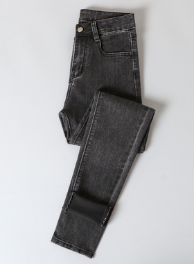 烟灰色紧身牛仔裤女高腰弹力修身显瘦小个子八分打底小脚铅笔裤子