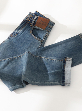 加薄绒牛仔小直筒裤女冬设计感皮牌高腰小个子八分百搭抓绒烟管裤