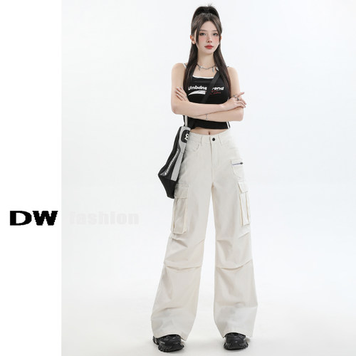 美式白色速干工装裤女2024春夏新款多口袋褶皱设计宽松阔腿休闲裤