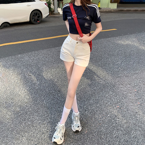 小个子白色紧身牛仔短裤女2023夏装薄款高腰修身直筒百搭辣妹热裤