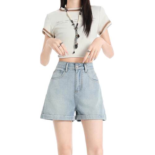 浅色高腰卷边牛仔阔腿短裤女夏季新品宽松显瘦小个子a字热裤外穿