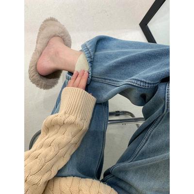 加绒窄版阔腿牛仔裤女秋冬加厚保暖长裤高腰宽松垂感直筒裤拖地裤