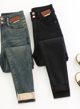 高腰皮牌加绒加厚牛仔小脚裤女秋冬新款紧身保暖显瘦蜜桃臀铅笔裤