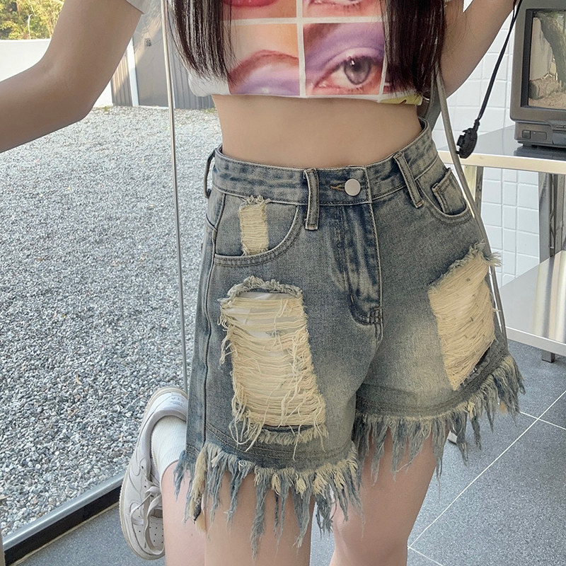 复古做旧毛边磨破洞牛仔短裤女2023春夏新款高腰宽松百搭阔腿裤潮