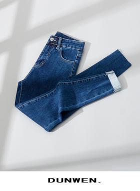 加薄绒牛仔小脚裤女秋2023新款深蓝色高腰弹力紧身显瘦九分铅笔裤