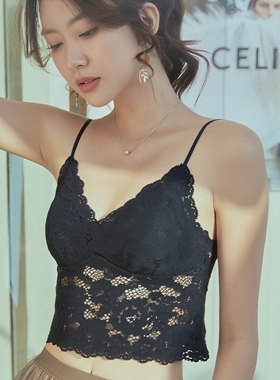 汀花开背心蕾丝薄款带杯细肩带性感短款美背背心8599