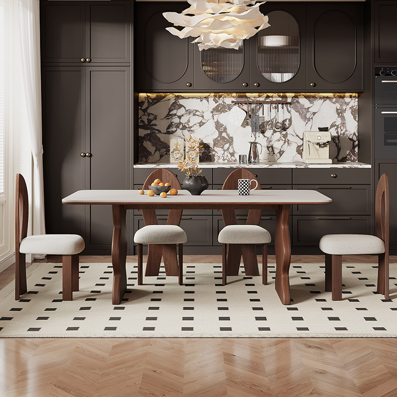 中古风实木餐桌椅2025新款客厅美式法式奶油系北欧复古岩板白蜡木