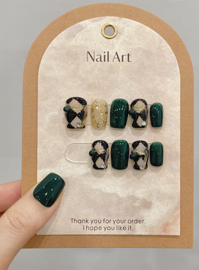 祖母绿菱格纯手工穿戴甲秋冬复古气质设计温柔美甲网红假指甲贴片
