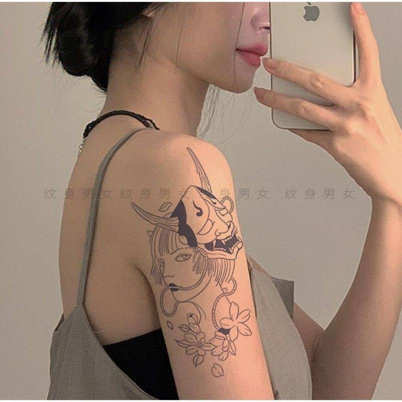 面具女艺妓般若草本纹身贴防水持久暗黑酷个性花臂小众独特男女