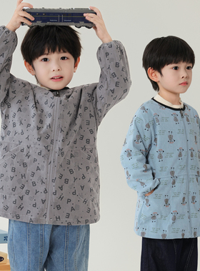 儿童灯芯绒薄款罩衣拉链时尚绘画写字防脏无帽男宝宝围裙护衣罩衫