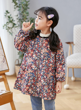 女童防水罩衣防脏拉链长袖秋冬羽绒服薄款画画羽绒服宝宝吃饭围兜