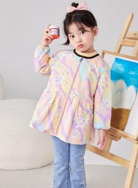 防水罩衣女宝宝公主长款秋冬画画薄款美术防脏羽绒服外穿吃饭围兜