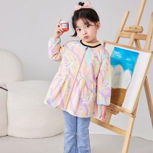 防水罩衣女宝宝公主长款秋冬画画薄款美术防脏羽绒服外穿吃饭围兜