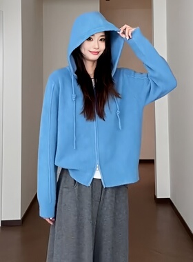 大码女装蓝色连帽毛衣针织开衫外套秋季新款胖mm显瘦宽松内搭上衣