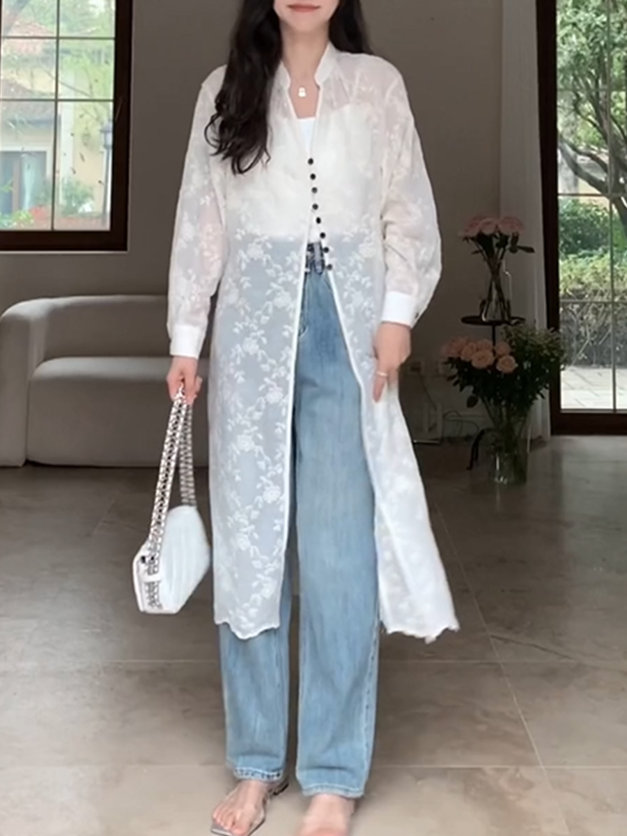 九九郭推荐蕾丝刺绣绣花长款罩衫