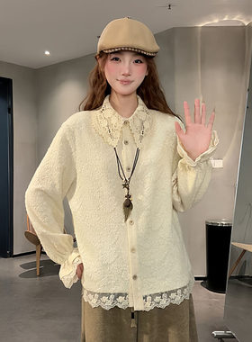 大码蕾丝拼接翻领衬衫女秋冬设计感独特气质喇叭袖内搭可外穿上衣