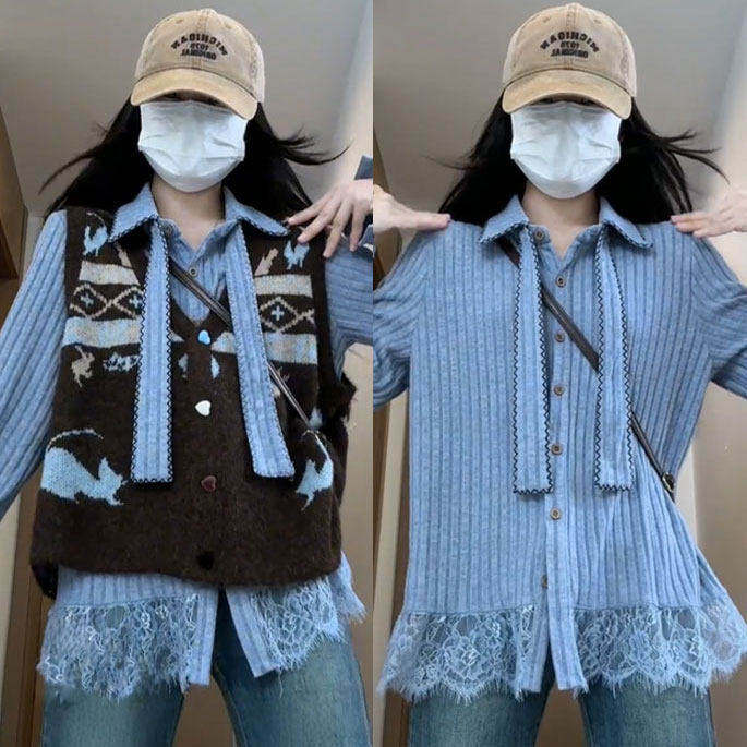 微胖冬日一整套学院风穿搭减龄女V领针织马甲背心绑带蕾丝打底衫