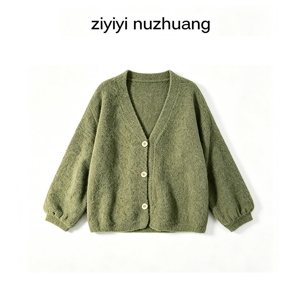 时尚慵懒风灯笼袖针织毛衣开衫女图片