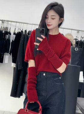 红色时尚圆领袖套毛衣针织衫女