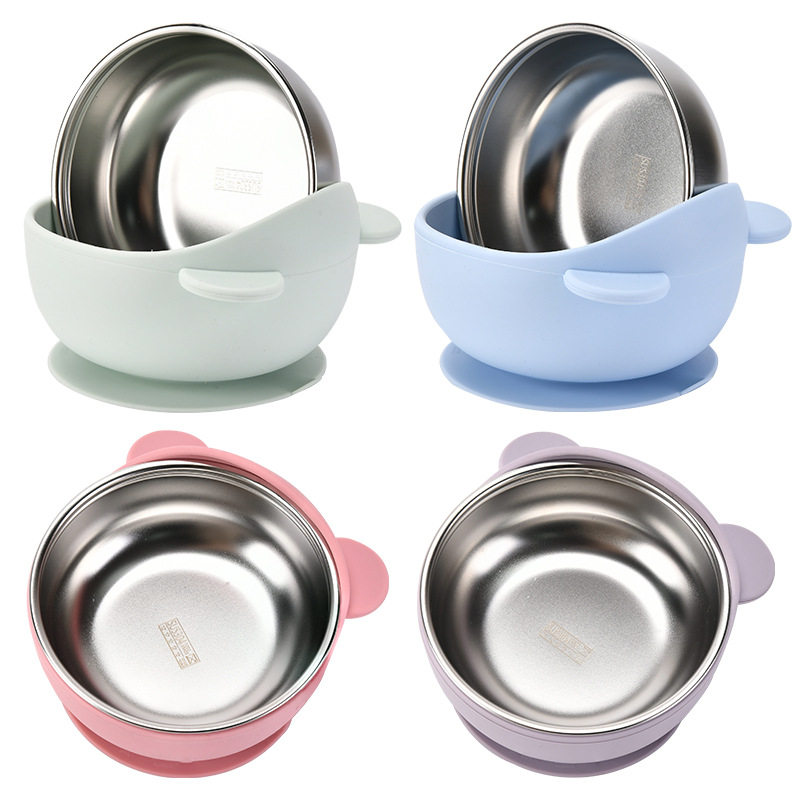 跨境宝宝辅食碗婴儿不锈钢吸盘碗儿童吃饭餐具套装硅胶防摔隔热碗