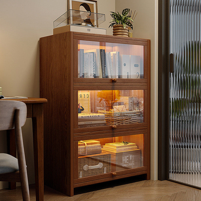 实木收纳柜储物柜一体靠墙胡桃木色柜子家用防尘书柜展示柜小矮柜
