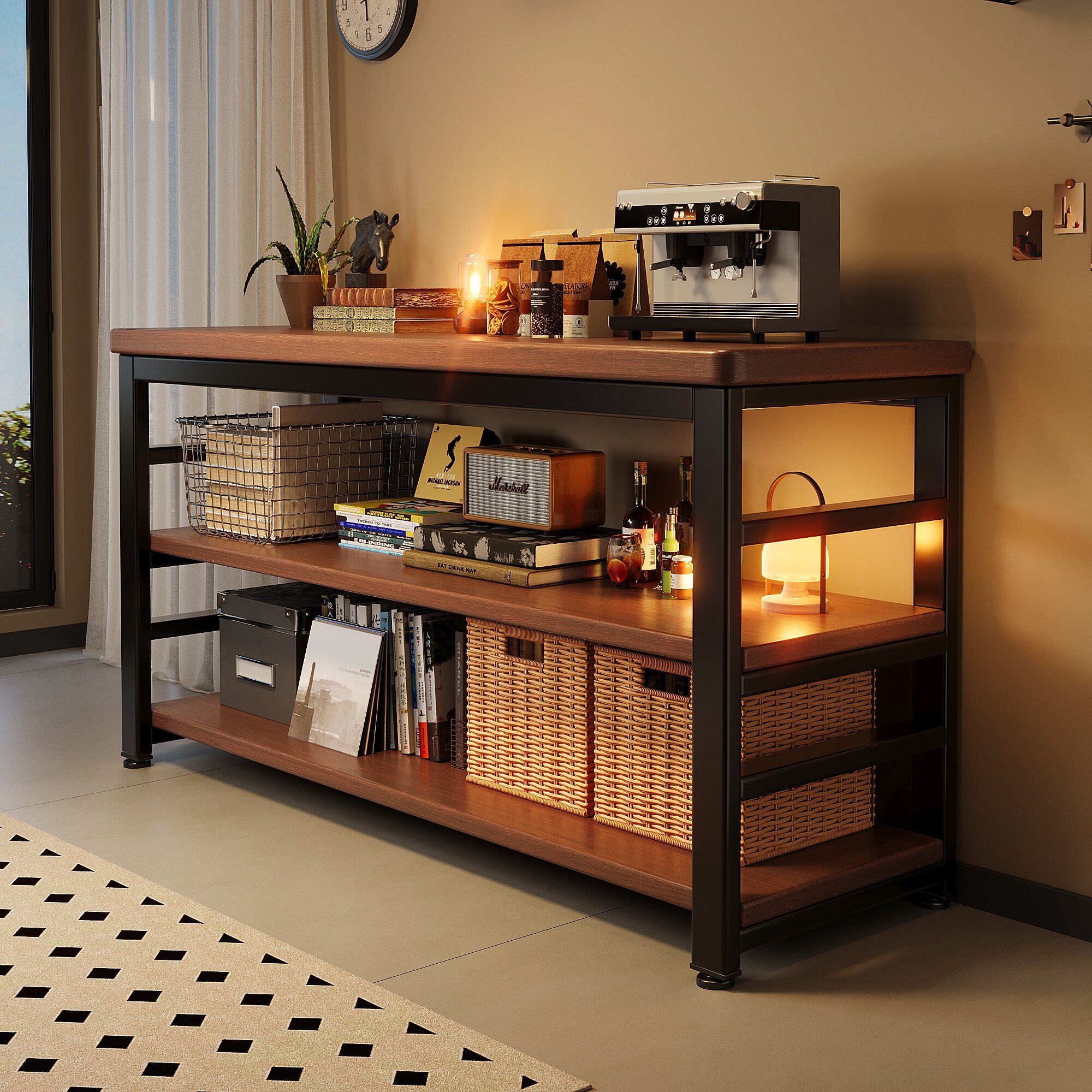 矮款钢木置物架落地多层收纳架家用客厅靠墙小型货架储物柜展示架