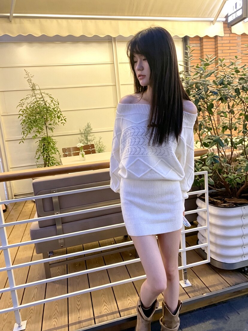 慵懒姐姐 韩系甜美温柔一字肩收腰针织连衣裙甜美少女纯欲短MS