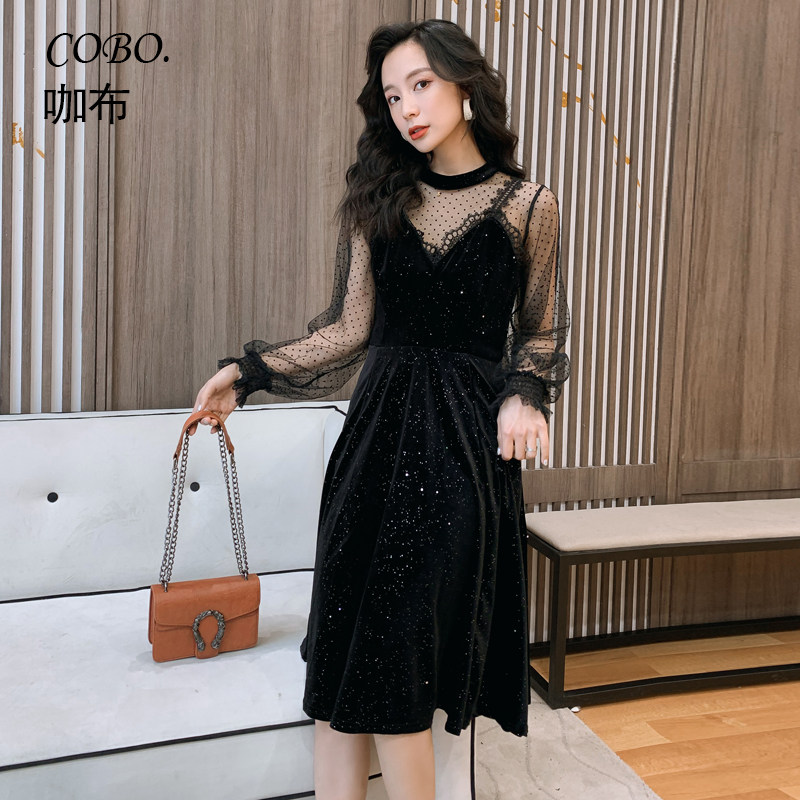 御姐风气质长款法式小礼服赫本闪闪blingbling黑色金丝绒连衣裙子
