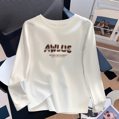 白色长袖t恤女2025新款春秋冬正肩内搭打底衫纯棉上衣圆领体恤衫