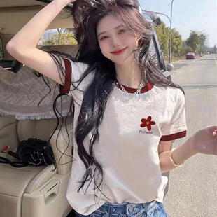 休闲纯棉内搭打底衫 2026新款 独特别致撞色上衣 t恤女夏季 正肩短袖