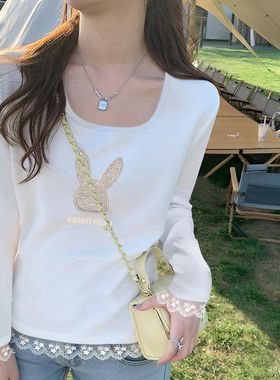 灰色方领蕾丝拼接设计感纯棉长袖T恤女白色减龄ins正肩上衣打底衫