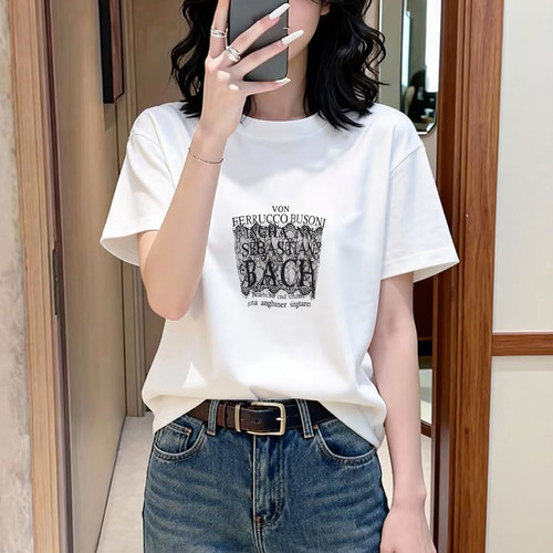 美式潮流印花休闲风短袖T恤女白色圆领纯色百搭92棉上衣夏季新款