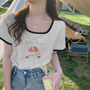韩版白色方领露锁骨短袖t恤女2026夏季新款小个子显瘦撞色上衣