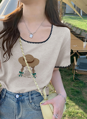 方领螺纹短袖t恤女2026夏季新款韩版92棉内搭撞色花边设计感上衣