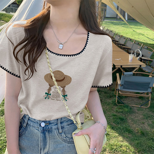 方领螺纹短袖t恤女2026夏季新款韩版92棉内搭撞色花边设计感上衣